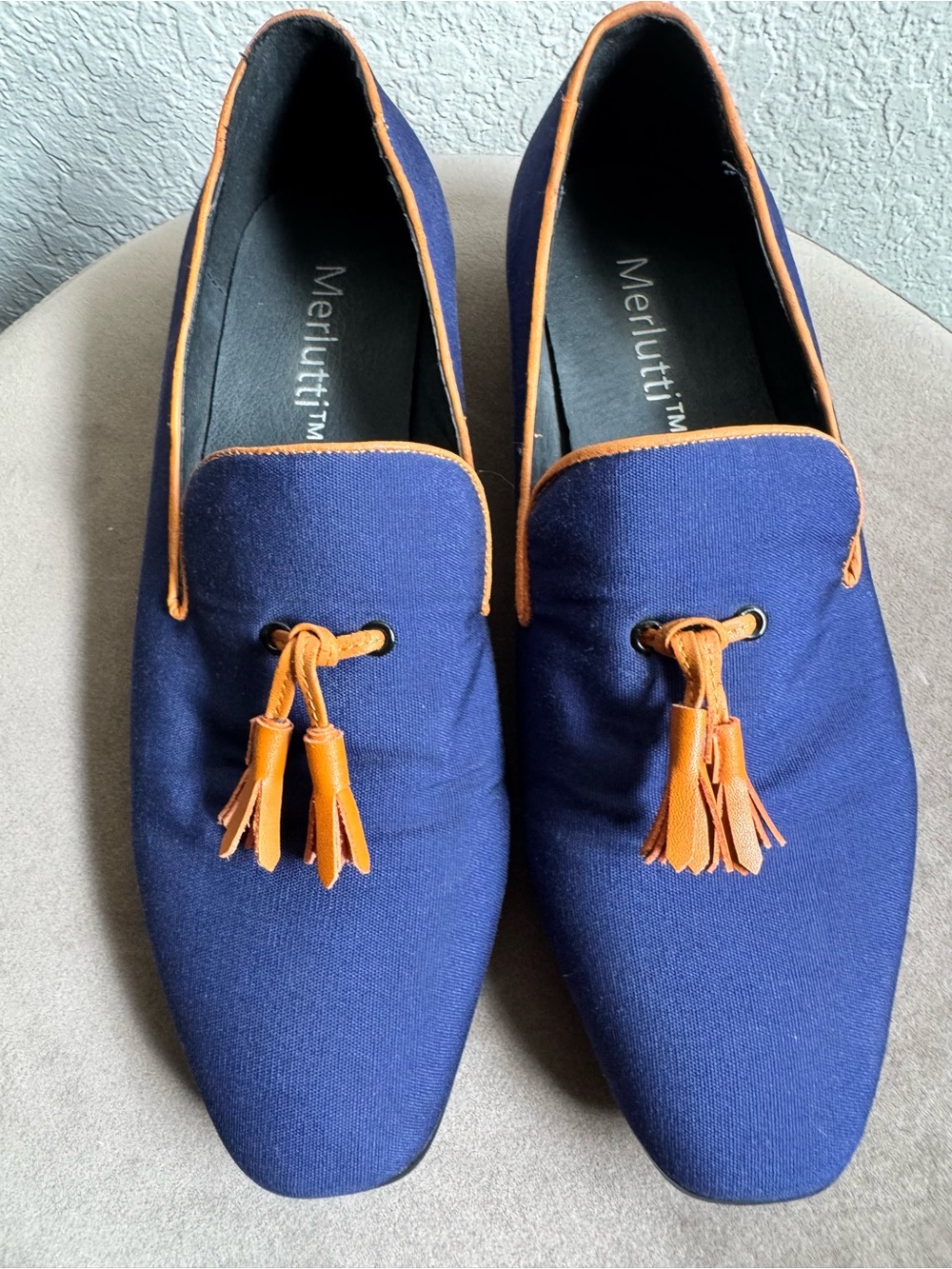 Merlutti Men’s Blue Canvas Loafers with Tan Leather Tassels – Size 8